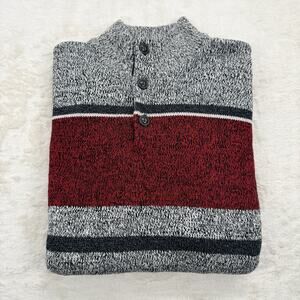 Chaps Men’s Sweater Red Gray Stripe Heavyweight Knit 1/4 Button Pullover Size XL